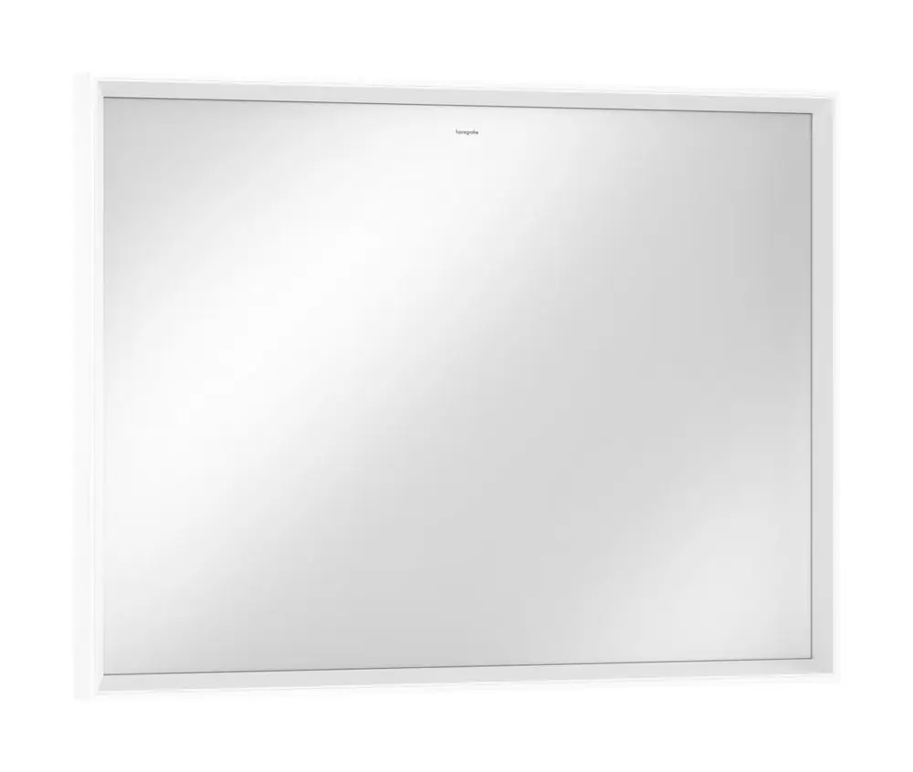 Weißer Wandspiegel von Hansgrohe mit LED-Beleuchtung und IR-Sensor. Glatte Oberfläche ohne sichtbare Details zum Design oder zur Größe.
